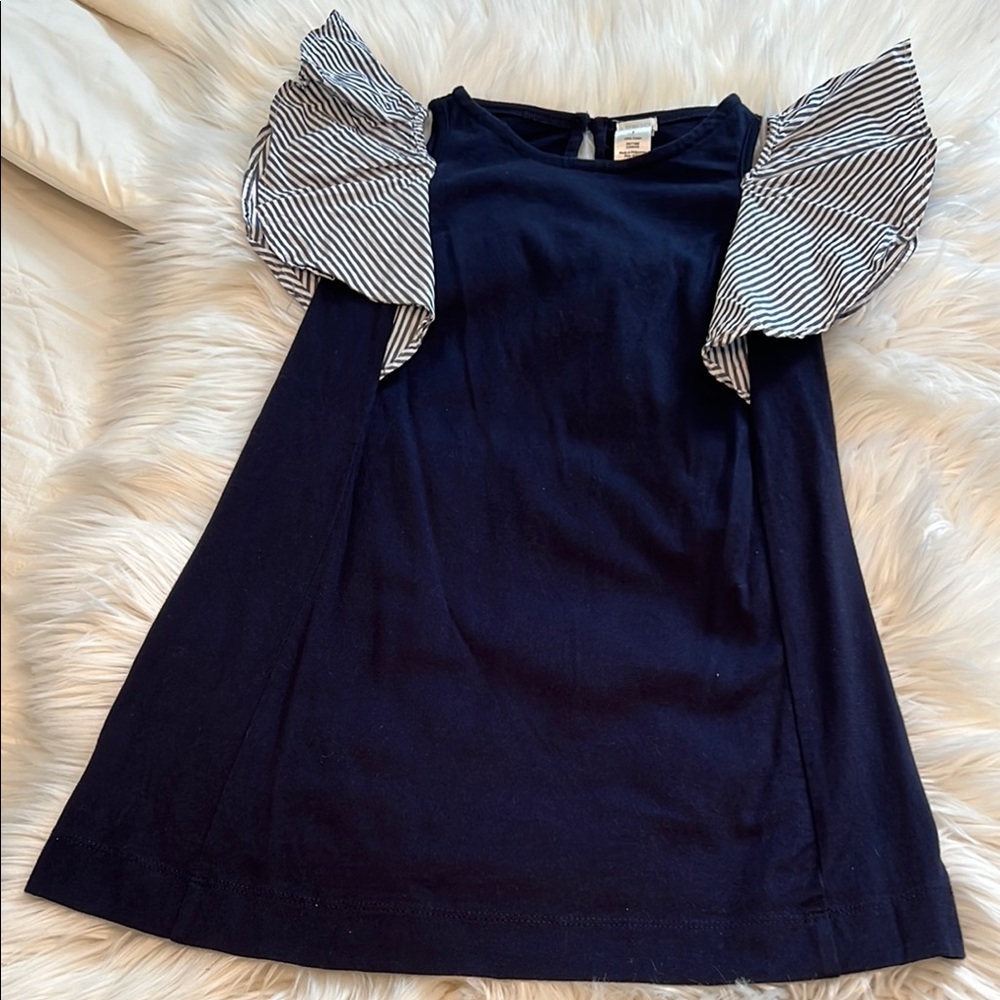 Navy Blue Kids Dress with Striped Sleeves